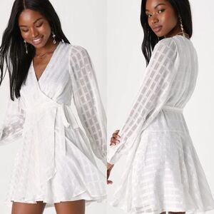Lulus Adorable Impulse White Lurex Burnout Wrap Mini Dress